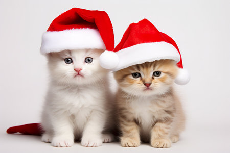 Cute little kittens in red santa claus hats on white backgroundの素材