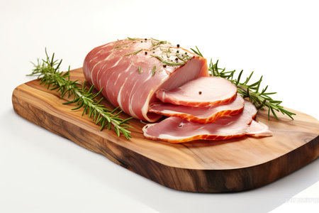 Sliced ham on a wooden board with rosemary on a white backgroundの素材