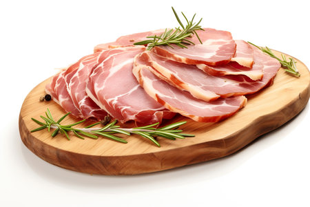 Sliced bacon with rosemary on wooden board, isolated on whiteの素材