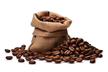 Coffee beans in burlap bag isolated on white background.の素材