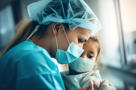 Cute little girl in medical mask looking at her mother in hospitalの素材