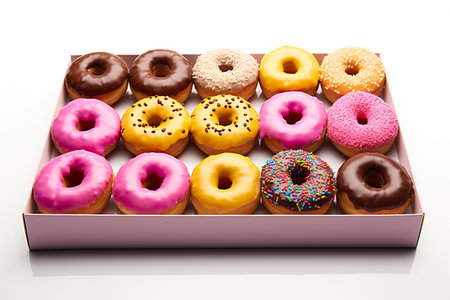 assorted donuts in a box isolated on a white background.の素材