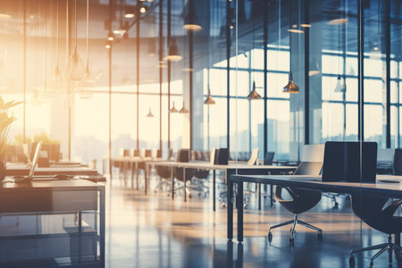 Contemporary coworking office interior with daylight. Workplace and lifestyle concept. 3D Renderingの素材