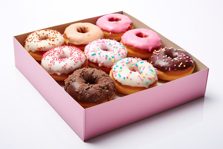 Donuts in a gift box on white background, close-upの素材