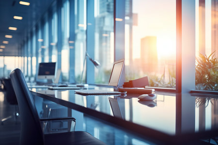 Modern office interior with computers and city view. 3D Renderingの素材