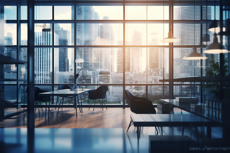 Interior of modern meeting room with panoramic window and city view. 3D Renderingの素材