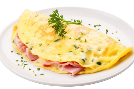 Omelet with ham and herbs on a plate. Isolated over white backgroundの素材