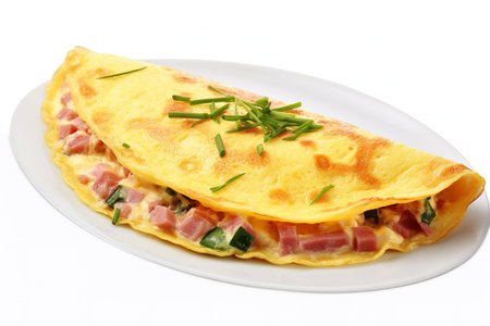 Omelet with ham and chives on a plate isolated on whiteの素材