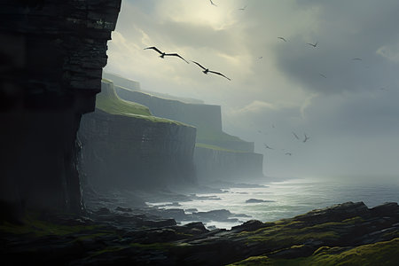 Fantasy landscape with cliffs and seagulls flying in the skyの素材