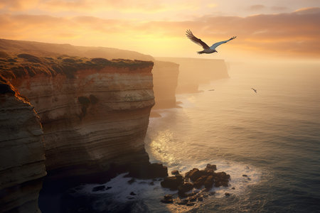 Seagull flying over cliffs at sunset, Great Ocean Road, Victoria, Australiaの素材