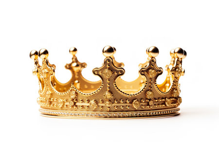 Gold crown isolated on white background. Close-up shot. Selective focus.の素材