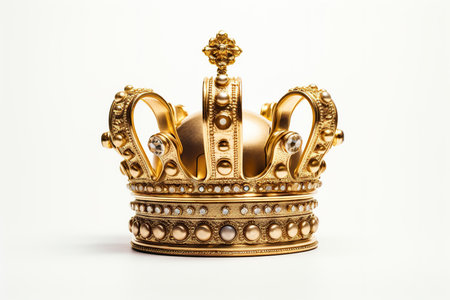 Gold crown isolated on white background. 3D illustration. Studio shot.の素材