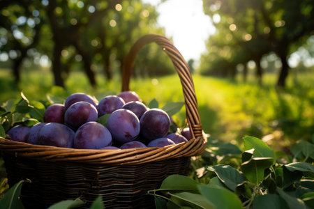 Ripe plums in a basket on a background of an orchardの素材