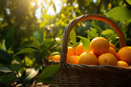 Basket with fresh ripe lemons on orange plantation in sunny dayの素材