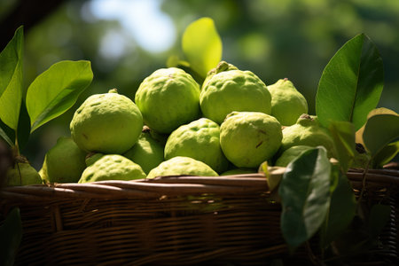 Basket of guava fruit in the garden. (Kaffir lime)の素材