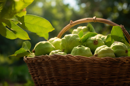 Ripe pears in a wicker basket on a background of green leavesの素材