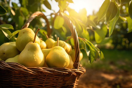 Ripe pears in a basket on the background of the gardenの素材