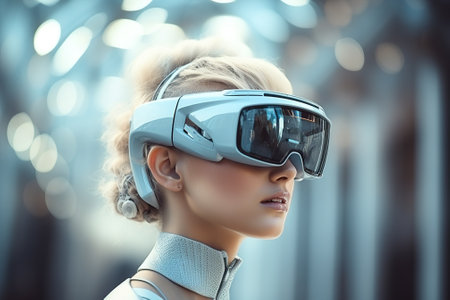 Beautiful young woman wearing virtual reality goggles. Future technology concept.の素材
