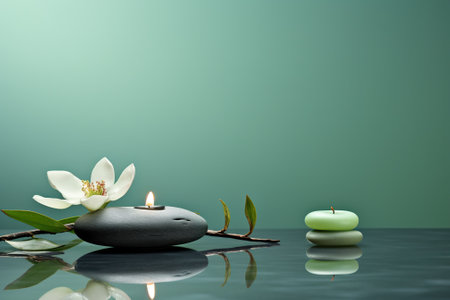 Spa still life with candles and white flower on a green backgroundの素材