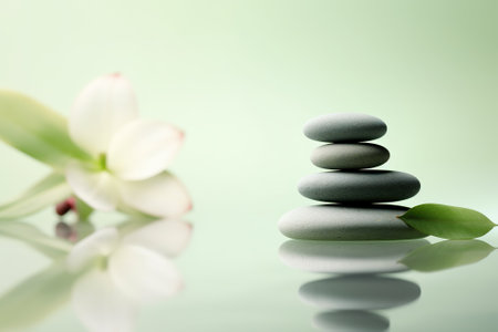 Spa stones and white flower on green background. Zen concept.の素材