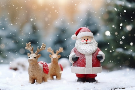 Santa Claus and reindeer on snow background. Christmas concept.の素材