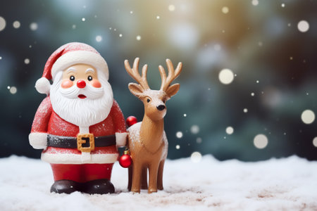Santa Claus and reindeer on snow with bokeh backgroundの素材