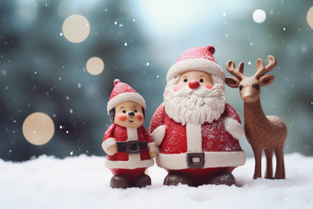 santa claus and reindeer in snow with bokeh backgroundの素材