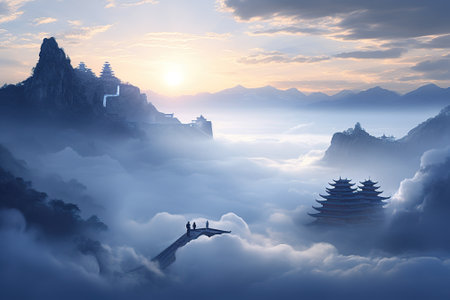 Foggy mountain landscape with two pagodas in the cloudsの素材