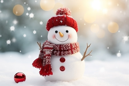 Snowman in red hat and scarf on snow with bokeh backgroundの素材