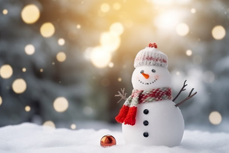 Snowman with christmas ball on snow and bokeh backgroundの素材