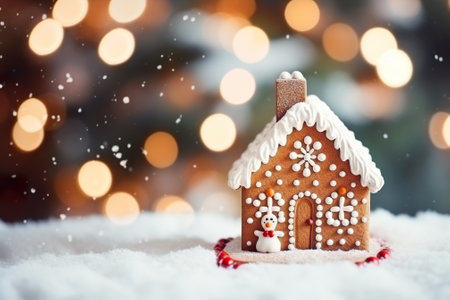 Gingerbread house in snow with bokeh lights on backgroundの素材