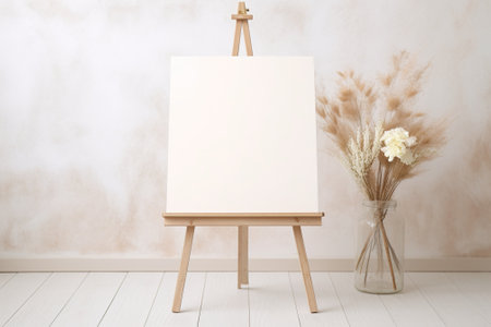 Blank canvas on easel with vase of flowers in roomの素材