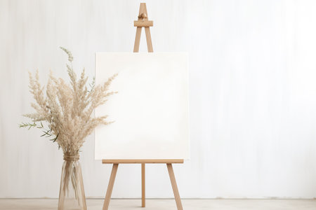 Blank canvas on easel with vase and pampas grass in living roomの素材