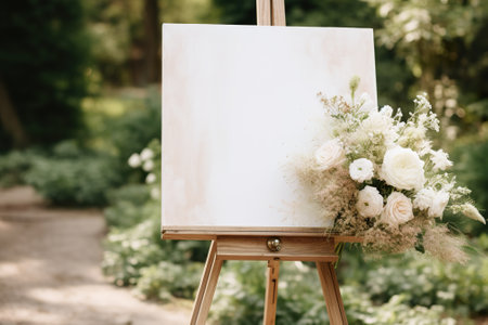 Easel with a blank canvas on a wooden stand in the gardenの素材