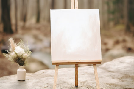 Blank canvas on easel with vase of flowers on blurred backgroundの素材