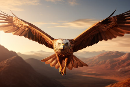 3d rendering of a bald eagle flying in the sunset sky.の素材