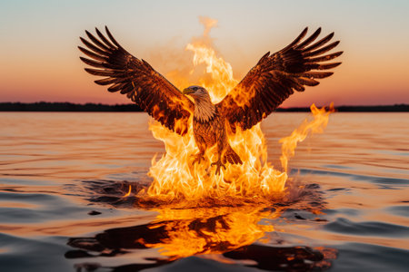 Bald Eagle flying over the lake at sunset. Eagle in flight.の素材