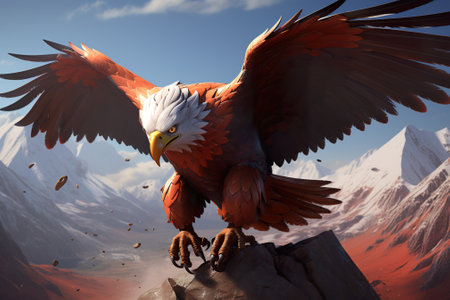 3D rendering of a bald eagle on a rock in the desertの素材