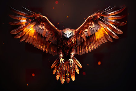3d rendering of an eagle flying on a dark background with sparksの素材