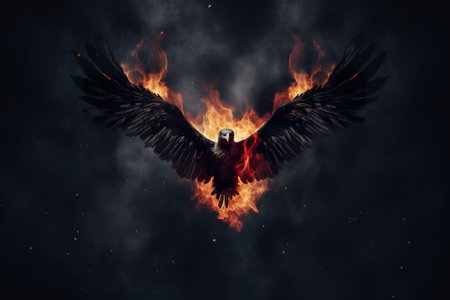 Flying eagle in the dark with fire and smoke on a dark backgroundの素材