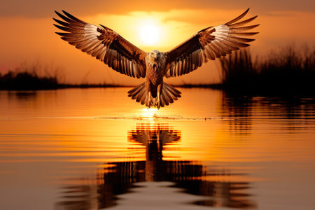 Eagle flying over the lake at sunset. Wildlife scene from nature.の素材