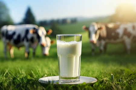 Glass of fresh milk on green meadow with blurred cows on backgroundの素材