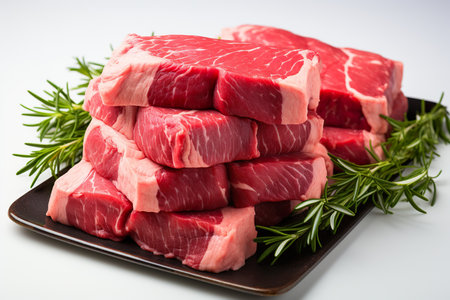 Raw beef steak on a black plate with rosemary on a white backgroundの素材