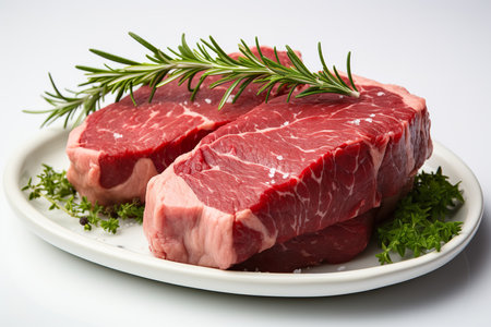 raw meat with rosemary and parsley on a white background.の素材