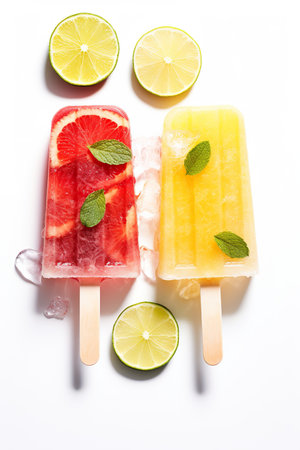 Homemade popsicles with lime and grapefruit on a white backgroundの素材