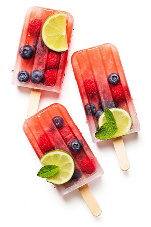 Homemade popsicles with berries and lime on a white background.の素材