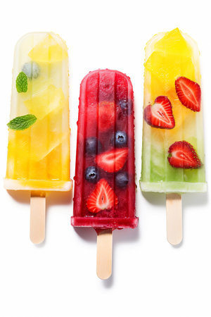 Fruit ice lolly on a white background. Top view.の素材