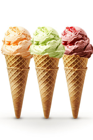 Three ice creams in waffle cones isolated on a white backgroundの素材