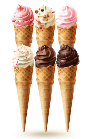 Ice cream cones with chocolate, vanilla and strawberry flavors isolated on white backgroundの素材