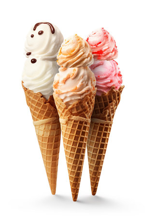 Ice cream scoops in waffle cones isolated on white background.の素材